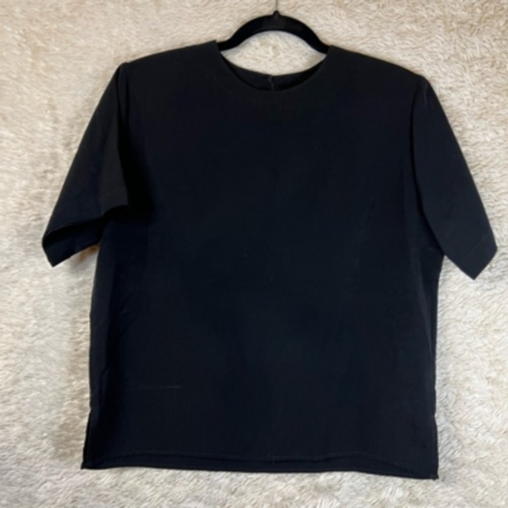 Mj Carroll Womens Blouse Black Short Sleeve Crew Neck Side Slit Shoulder Pads S